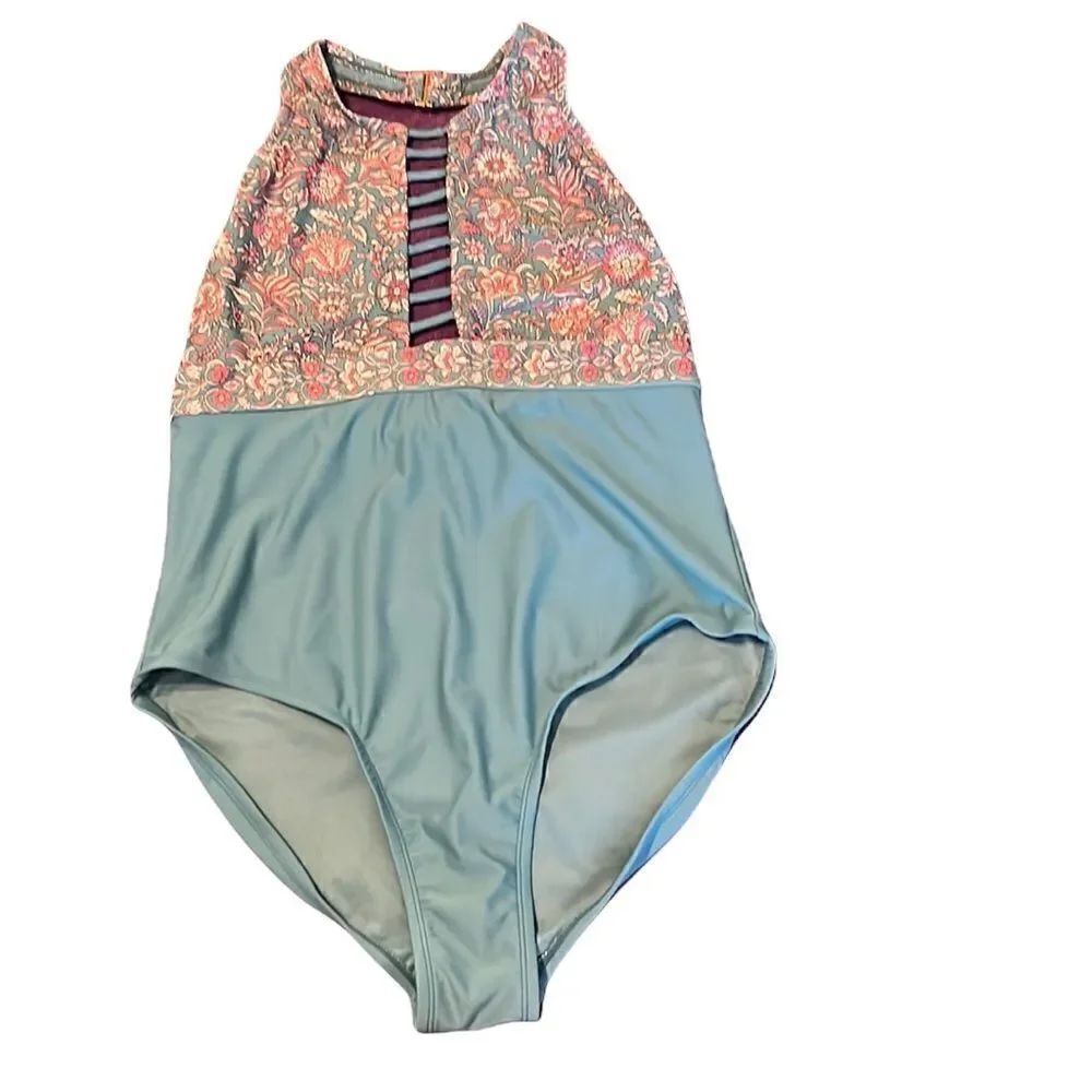 Unbranded one piece swimsuit turquoise on the bottom w/ flowery print on top EUC